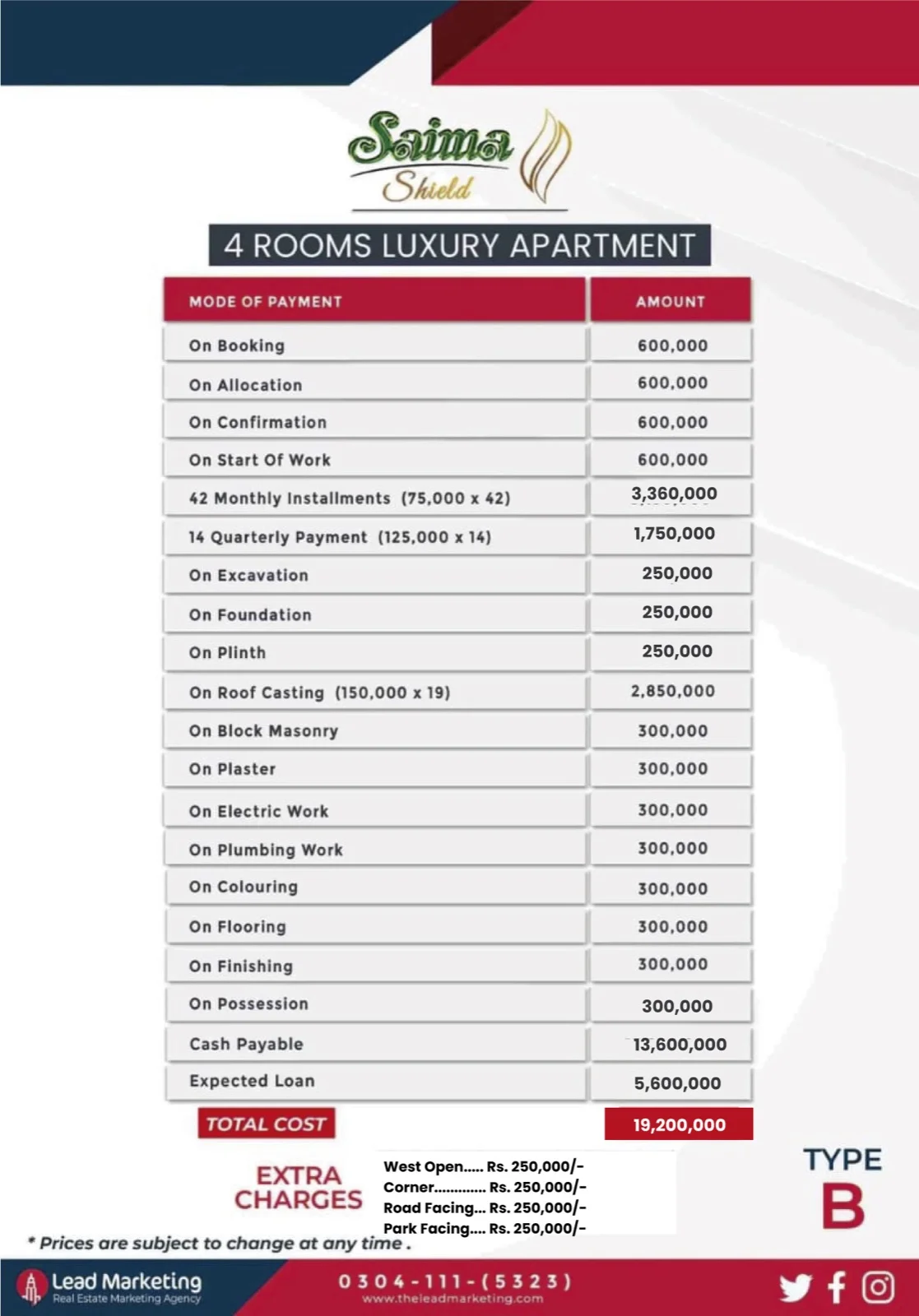 4 bedrooms apartment payment plan type B