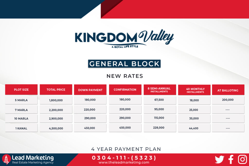 Kingdom Valley Islamabad General block payment  plan