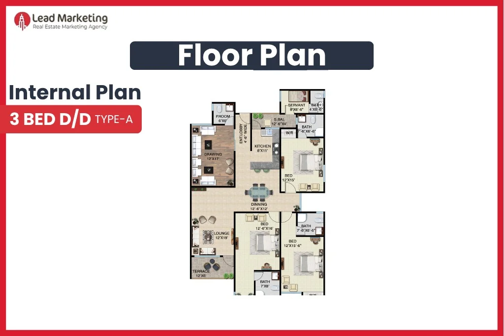 The Saima One Residency Clifton Floor plan 3 Bed D/D layout