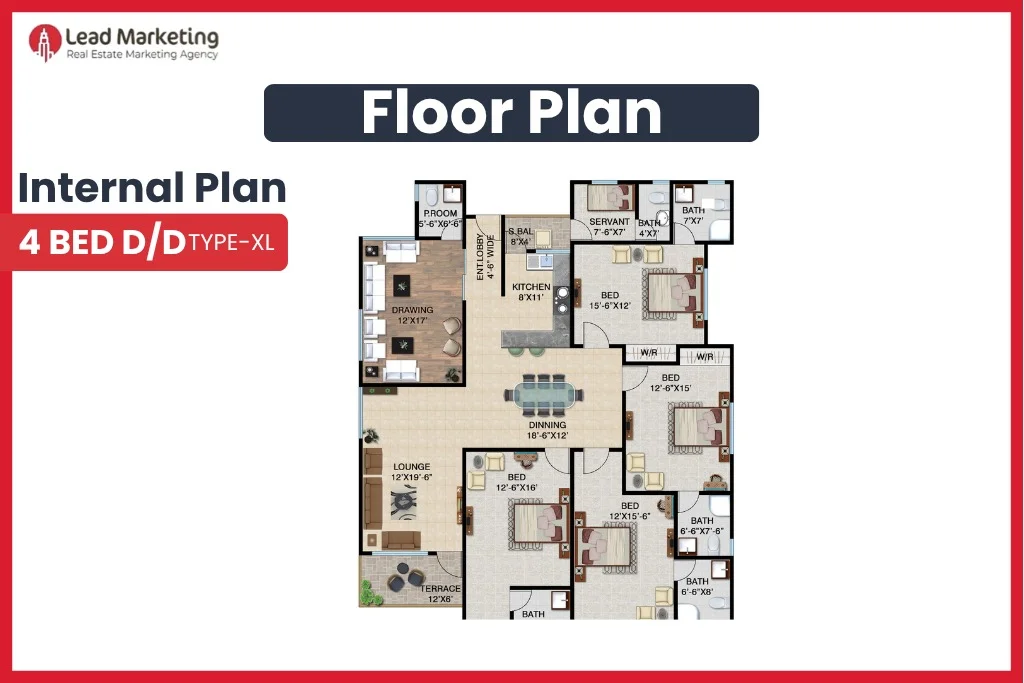 The Saima One Residency Clifton Floor plan 4 Bed D/D layout