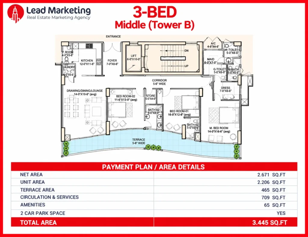 The Arkadians Tower B 3-Bed Middle Apartment Floor Plan Image