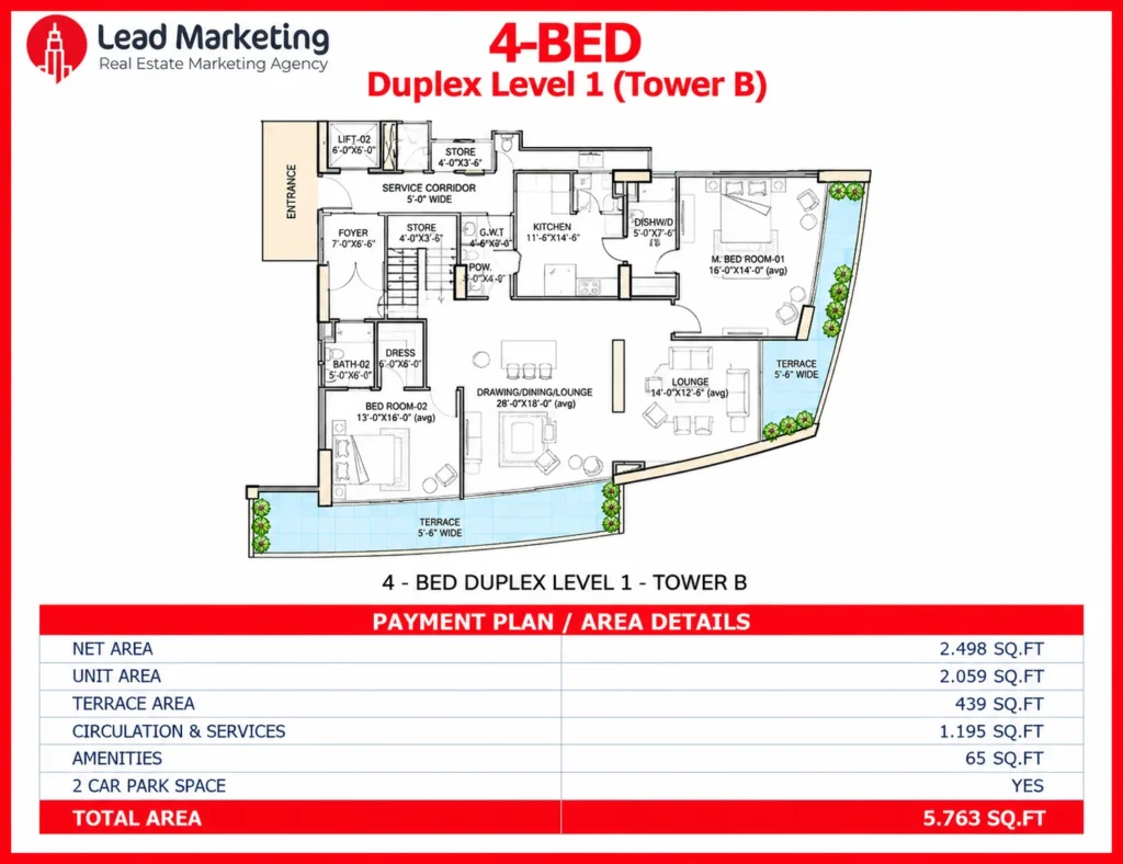 The Arkadians Tower B 4-bedroom duplex Level 1 floor plan showing the living areas, bedroom, kitchen, and terraces Image