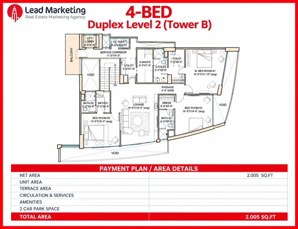 The Arkadians Tower B 4-bedroom duplex Level 2 floor plan showing bedrooms, bathrooms, a lounge, utility space, and balcony Image