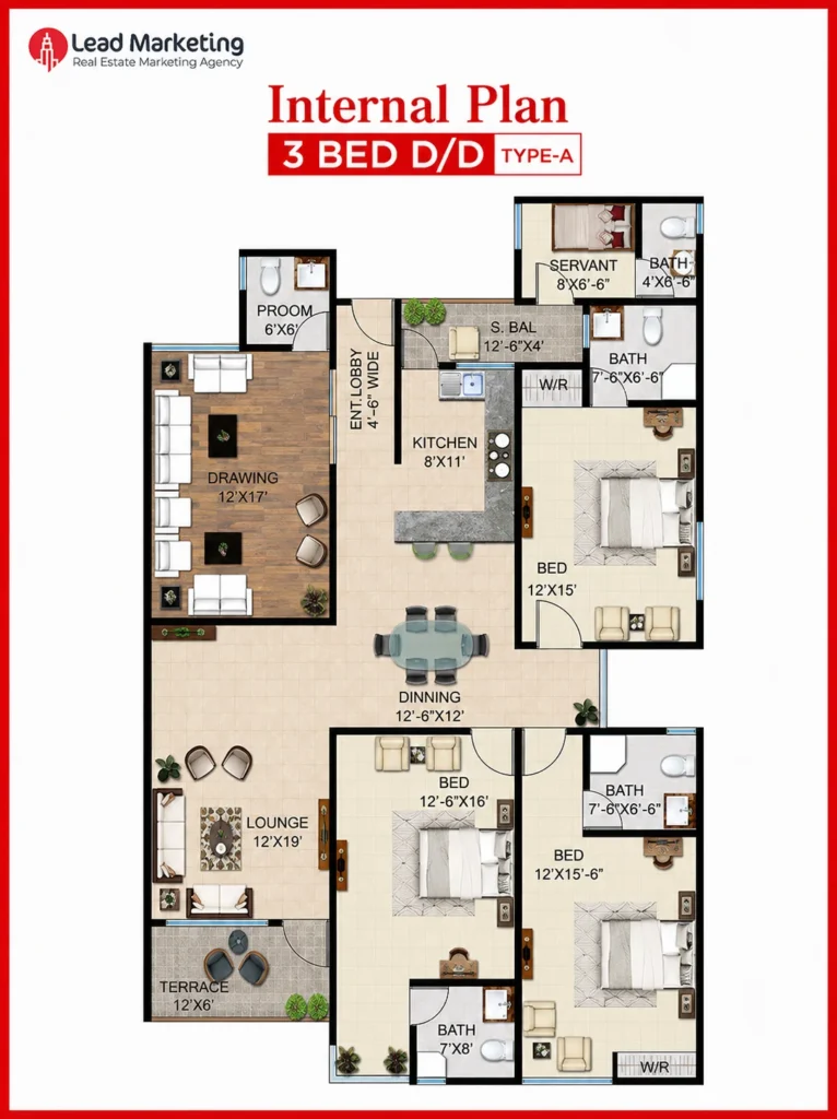 3 Bed D/D Type-A Floor Plan Image