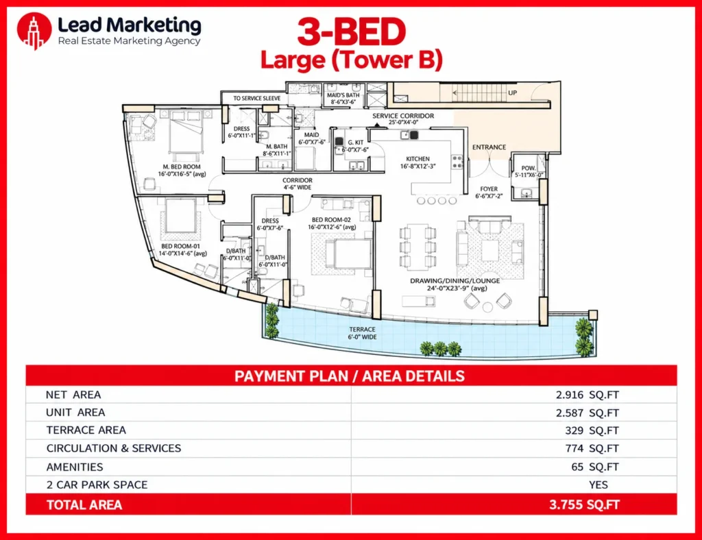 The Arkadians Tower B 3-Bed Large Apartment Floor Plan Image