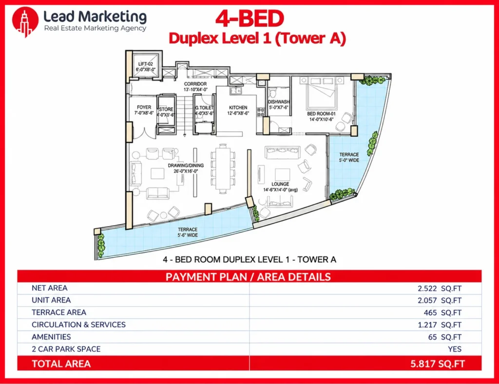 The Arkadians Tower A 4-bedroom duplex Level 1 floor plan with living areas and terraces Image