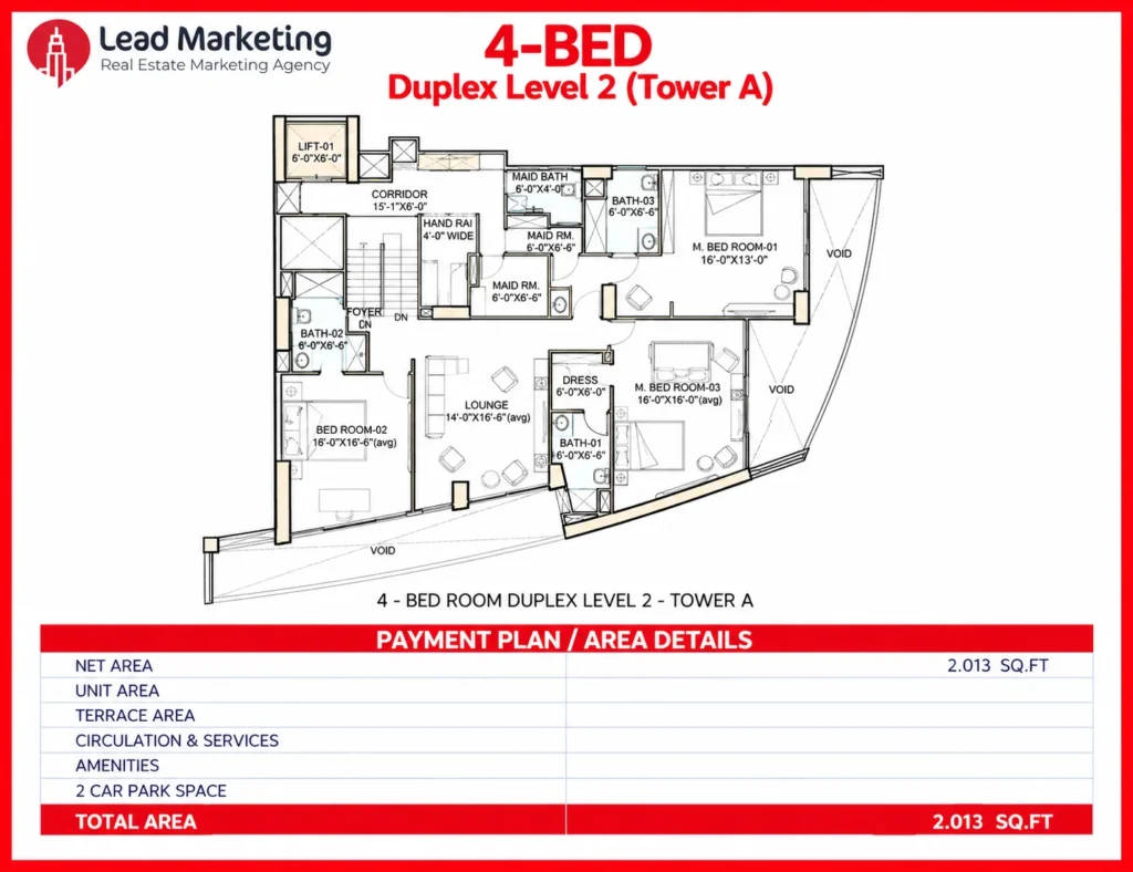 The Arkadians Tower A 4-bedroom duplex Level 2 floor plan showing bedrooms, bathrooms, a lounge, and maid's rooms Image