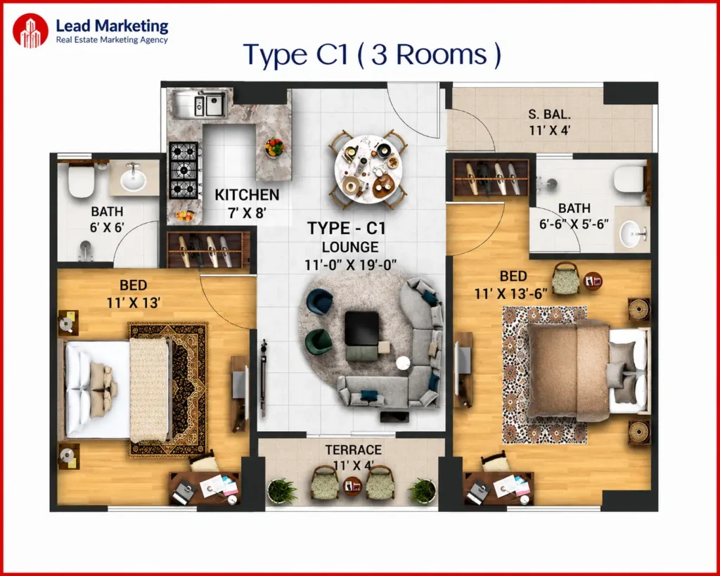 Chapal Courtyard III Karachi Type C 1(3 Rooms)