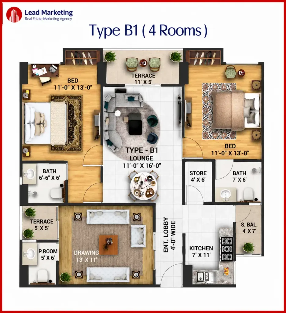 Chapal Courtyard III Karachi Type B 1(4 Rooms)