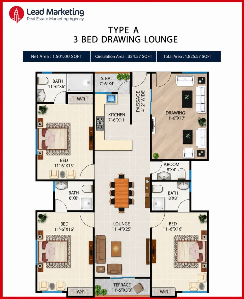 Type A 3 Bed Drawing Image Lounge Floor Plan Image