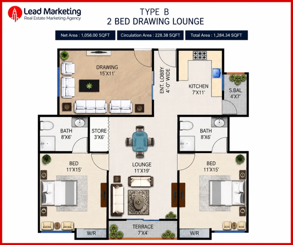 2 Bed Drawing Lounge Floor Plan Image