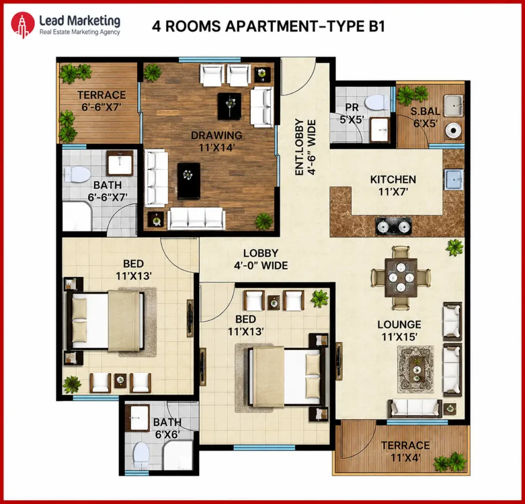 Type B1 4 Bedroom Apartment Floor Plan Image