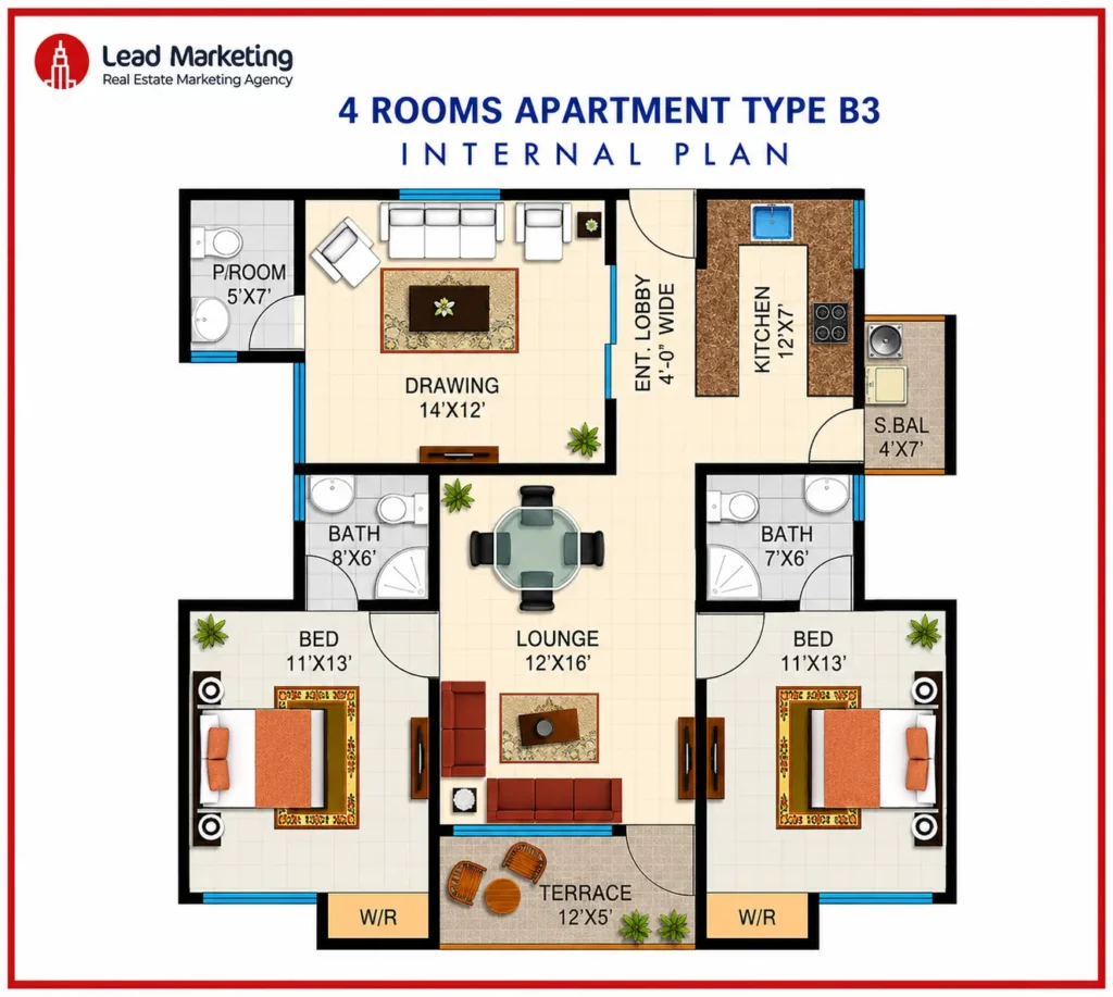 4 Room Luxury Apartment Floor Plan – Type B-3 Image
