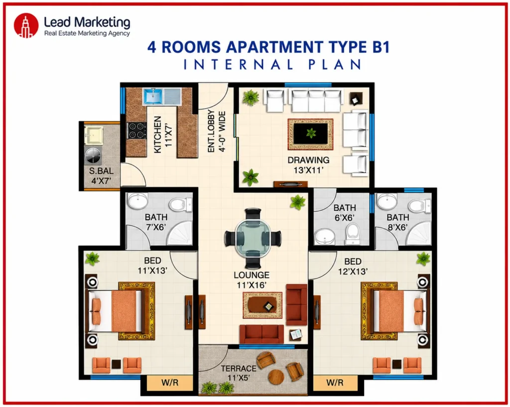 4 Room Luxury Apartment Floor Plan – Type B-1 Image