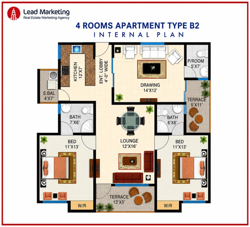 4 Room Luxury Apartment Floor Plan – Type B-2 Image