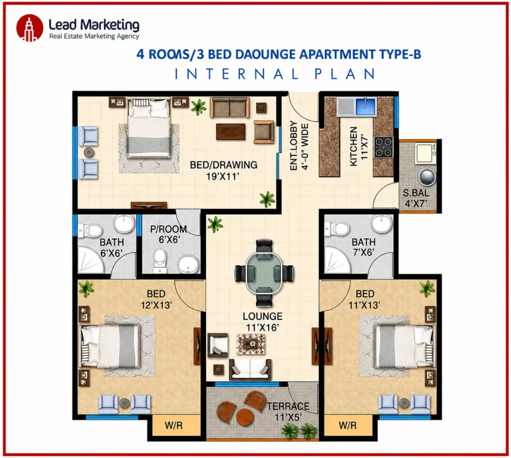 4 Room Luxury Apartment Floor Plan – Type B Image