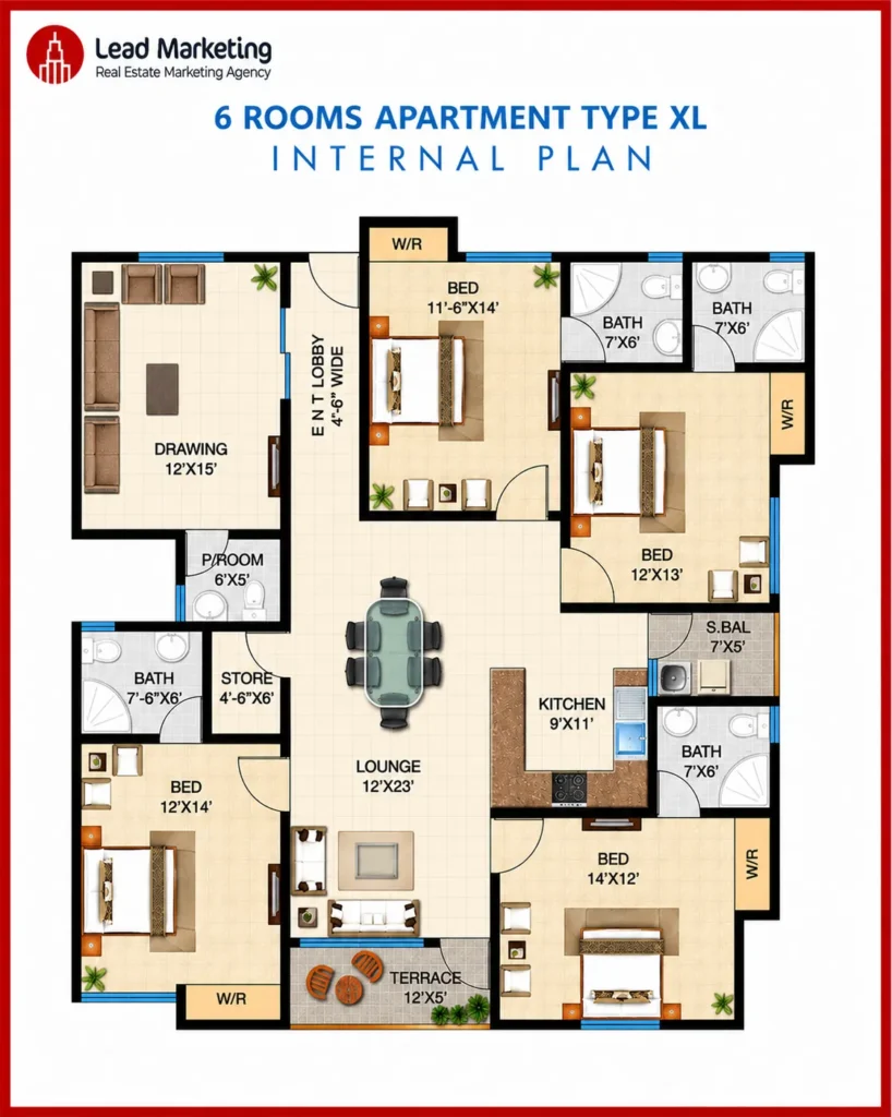 6 Room XL Apartment Floor Plan Image