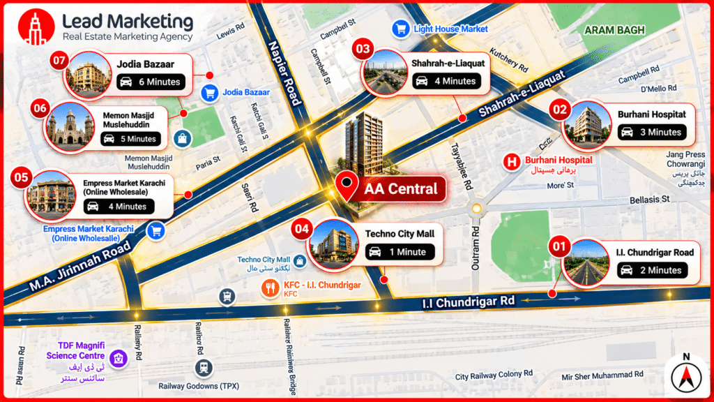 AA Central Office Tower Location Map Karachi